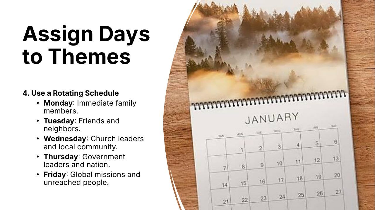 Slide 22 of 24: Assign Days to Themes 4. Use a Rotating Schedule • Monday: Immediate family members. • Tuesday: Friends and neighbors. • Wednesday: Church leaders and local community. • Thursday: Government leaders and nation. • Friday: Global missions and unreached people.